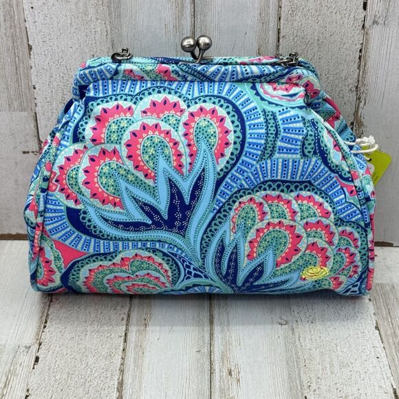 New Amy Butler Nora Clutch With Chain Oasis Azure Tropical Kiss Lock Closure - Picture 2 of 16